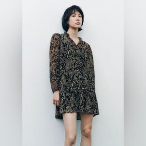 ZARA NWOT Black Flowy Paisley Print Boho Long Sleeve Mini Dress - Size S